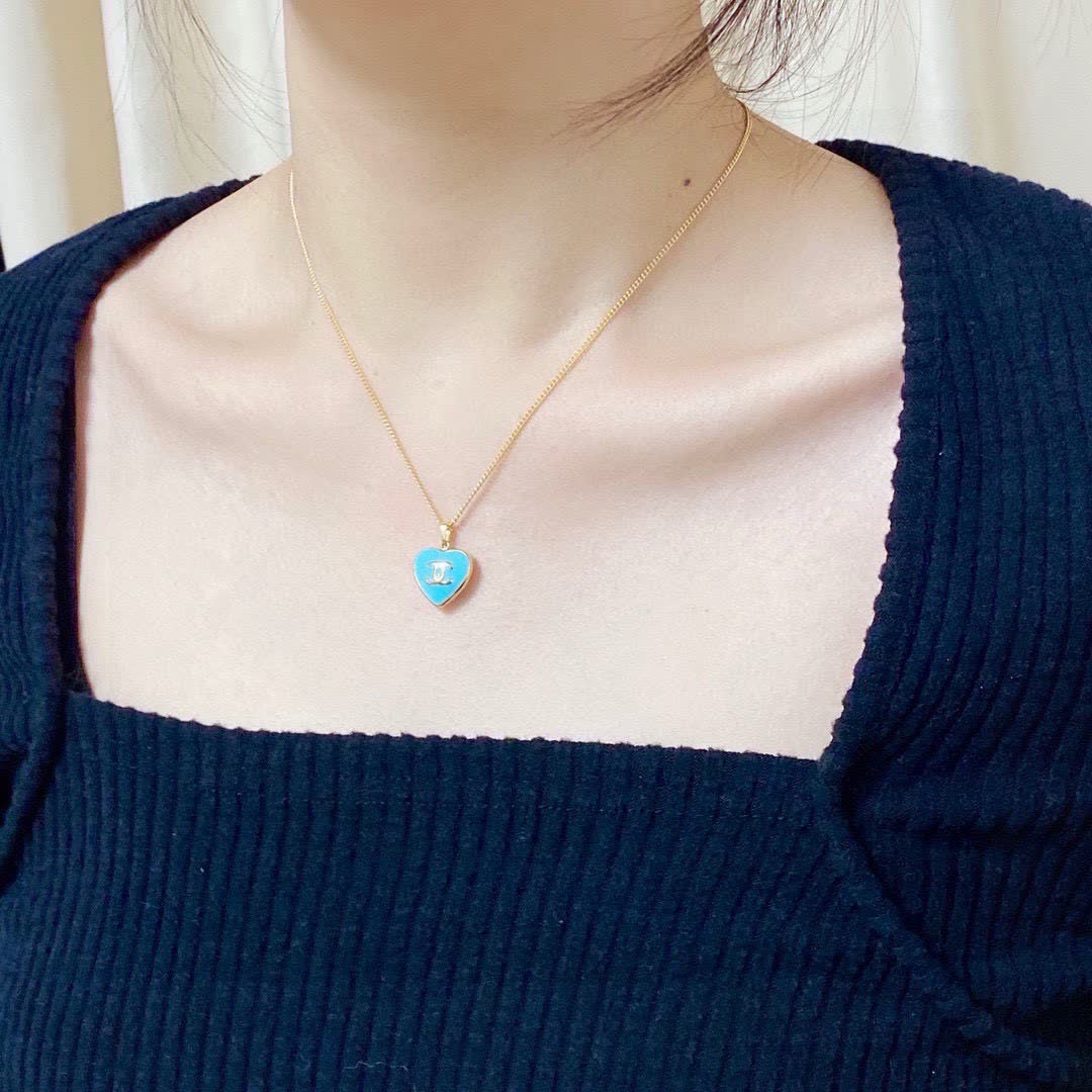 Chanel Heart-Shaped Blue Enamel Pendant Necklace