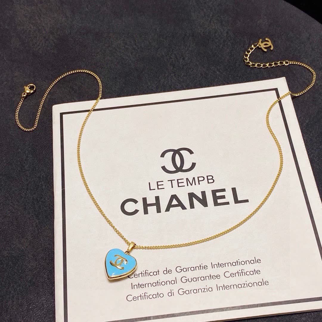 Chanel Heart-Shaped Blue Enamel Pendant Necklace