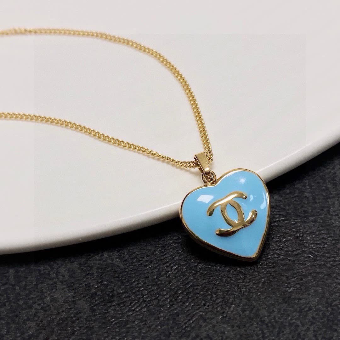 Chanel Heart-Shaped Blue Enamel Pendant Necklace