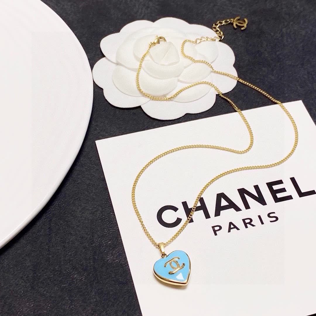 Chanel Heart-Shaped Blue Enamel Pendant Necklace