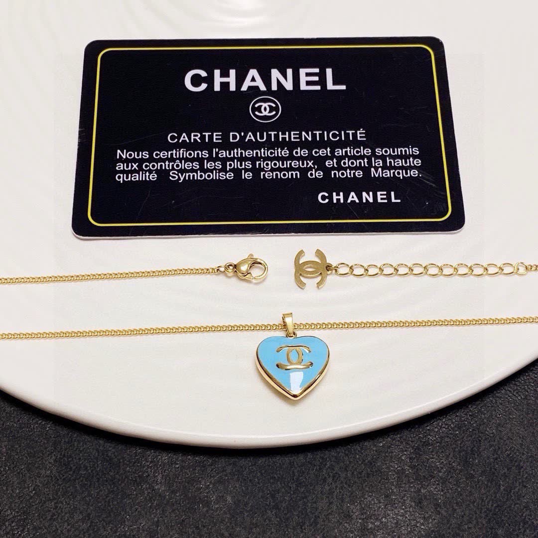 Chanel Heart-Shaped Blue Enamel Pendant Necklace