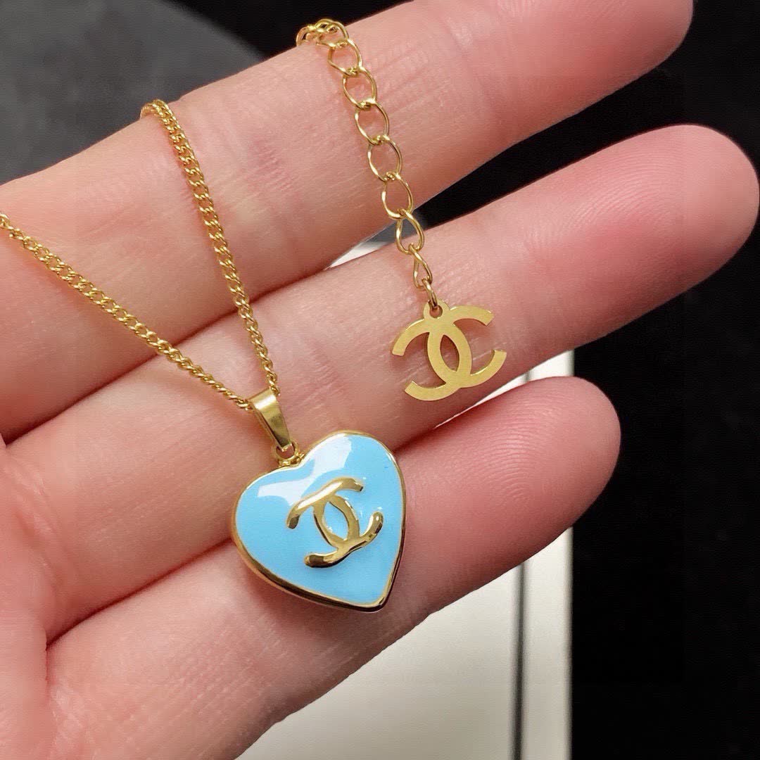 Chanel Heart-Shaped Blue Enamel Pendant Necklace
