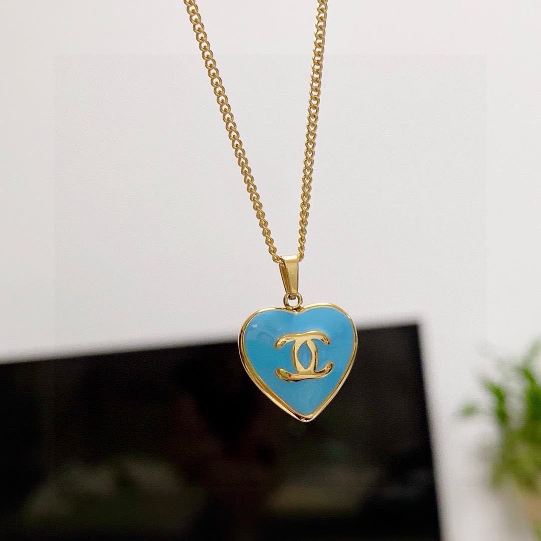 Chanel Heart-Shaped Blue Enamel Pendant Necklace