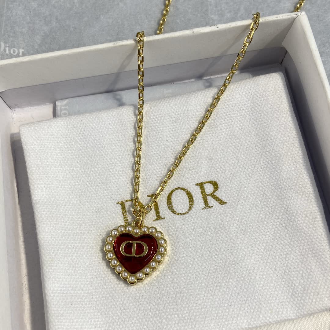 Dior Gold-Plated Heart Necklace with Red Enamel and Pearls Dior Gold-Plated Heart Necklace with Red Enamel and Pearls