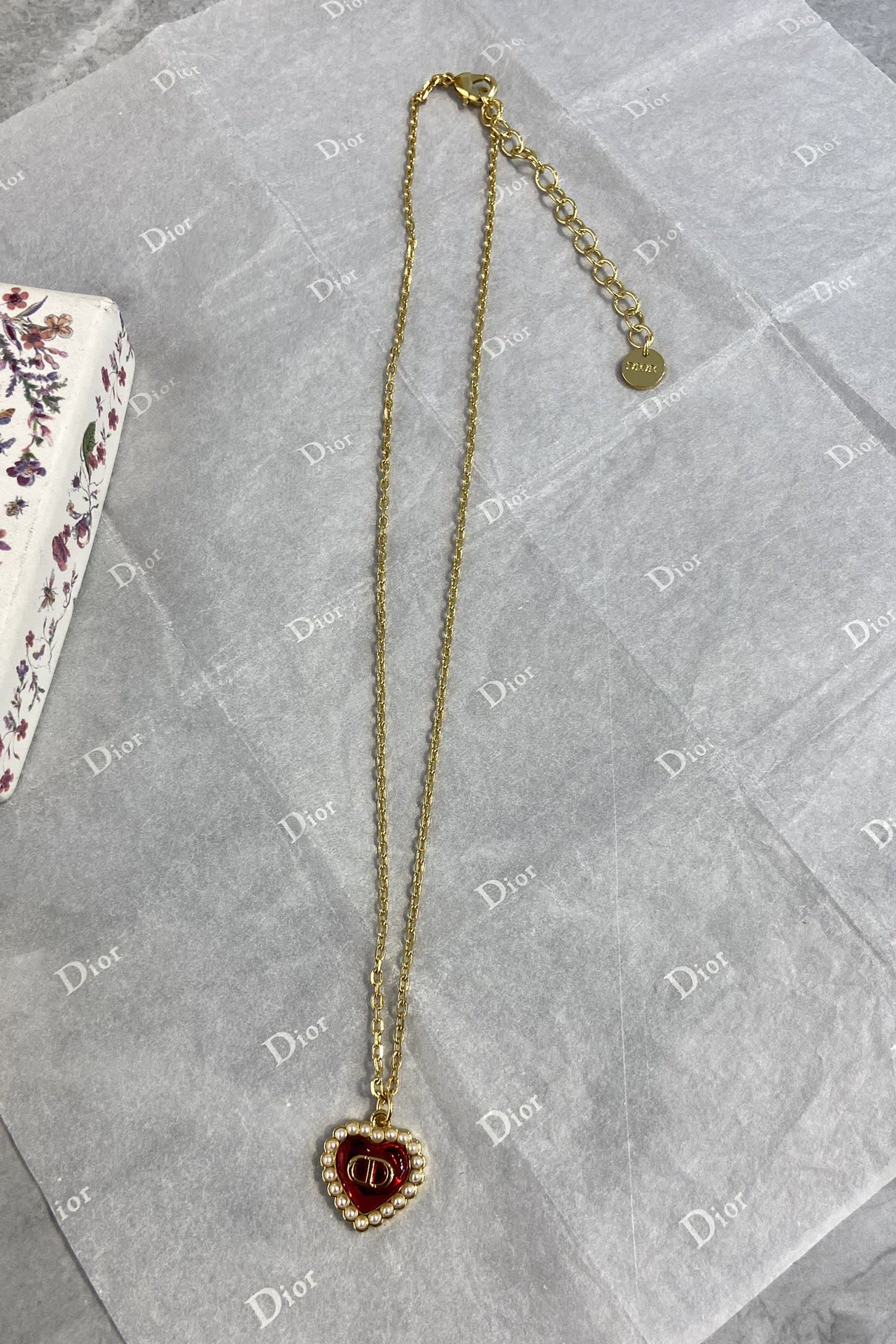 Dior Gold-Plated Heart Necklace with Red Enamel and Pearls