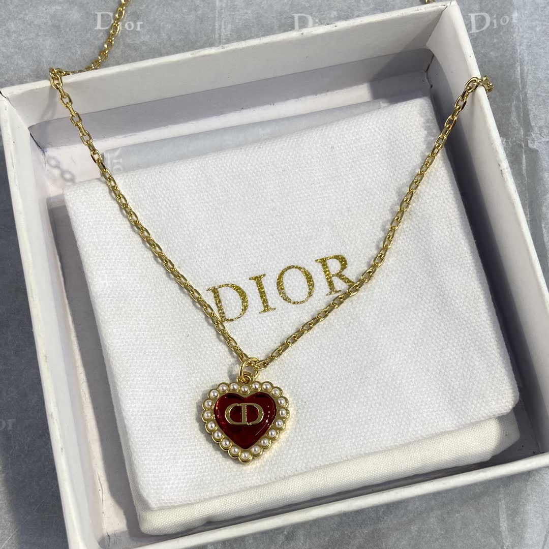 Dior Gold-Plated Heart Necklace with Red Enamel and Pearls