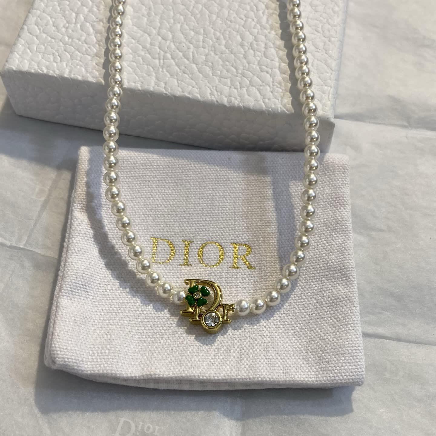 Dior Pearl Necklace with Clover Charm Dior Pearl Necklace with Clover Charm