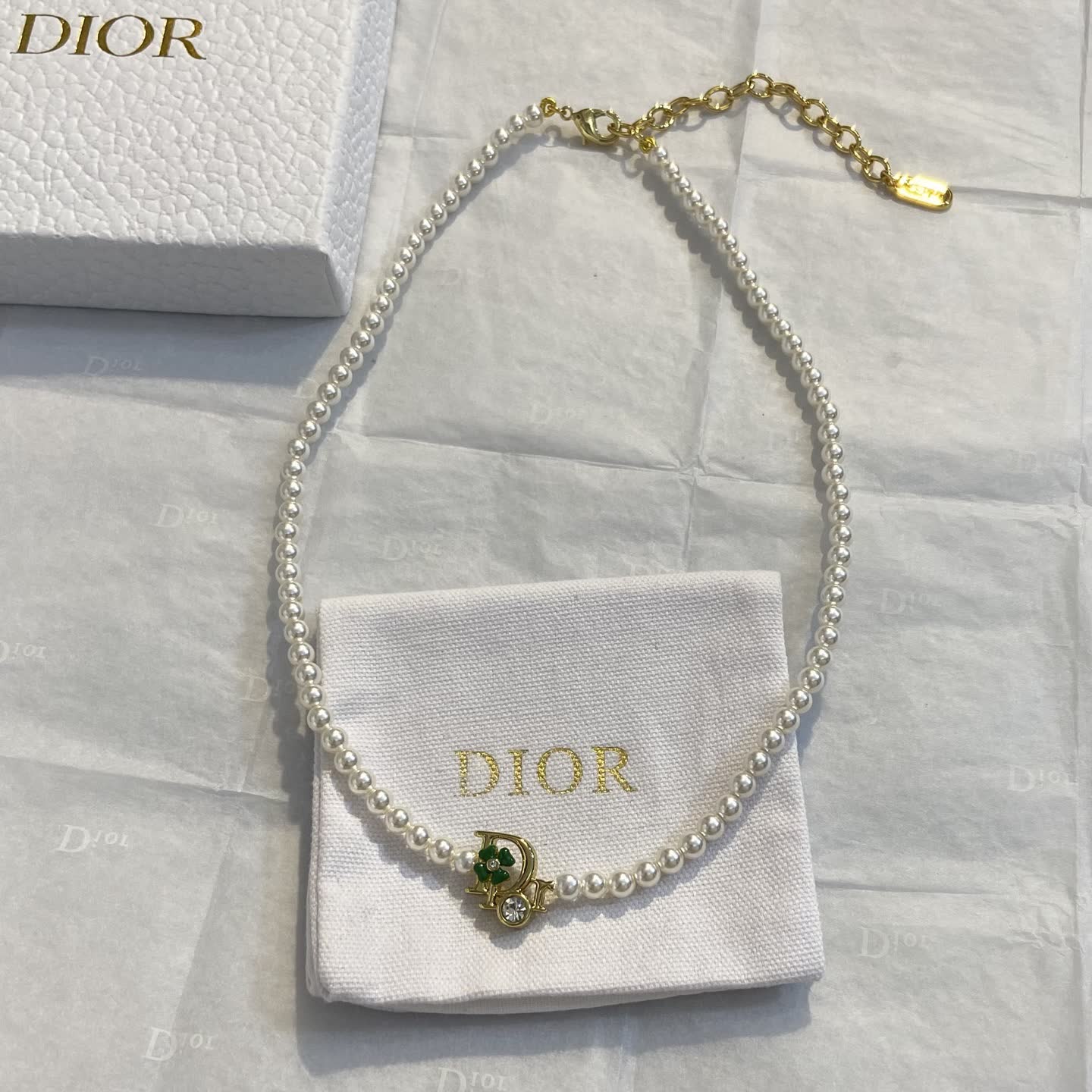 Dior Pearl Necklace with Clover Charm