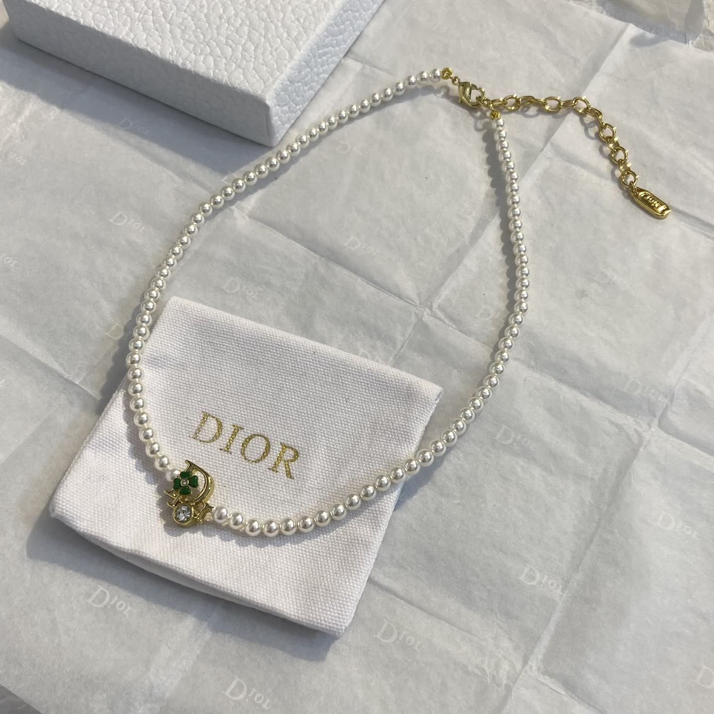 Dior Pearl Necklace with Clover Charm