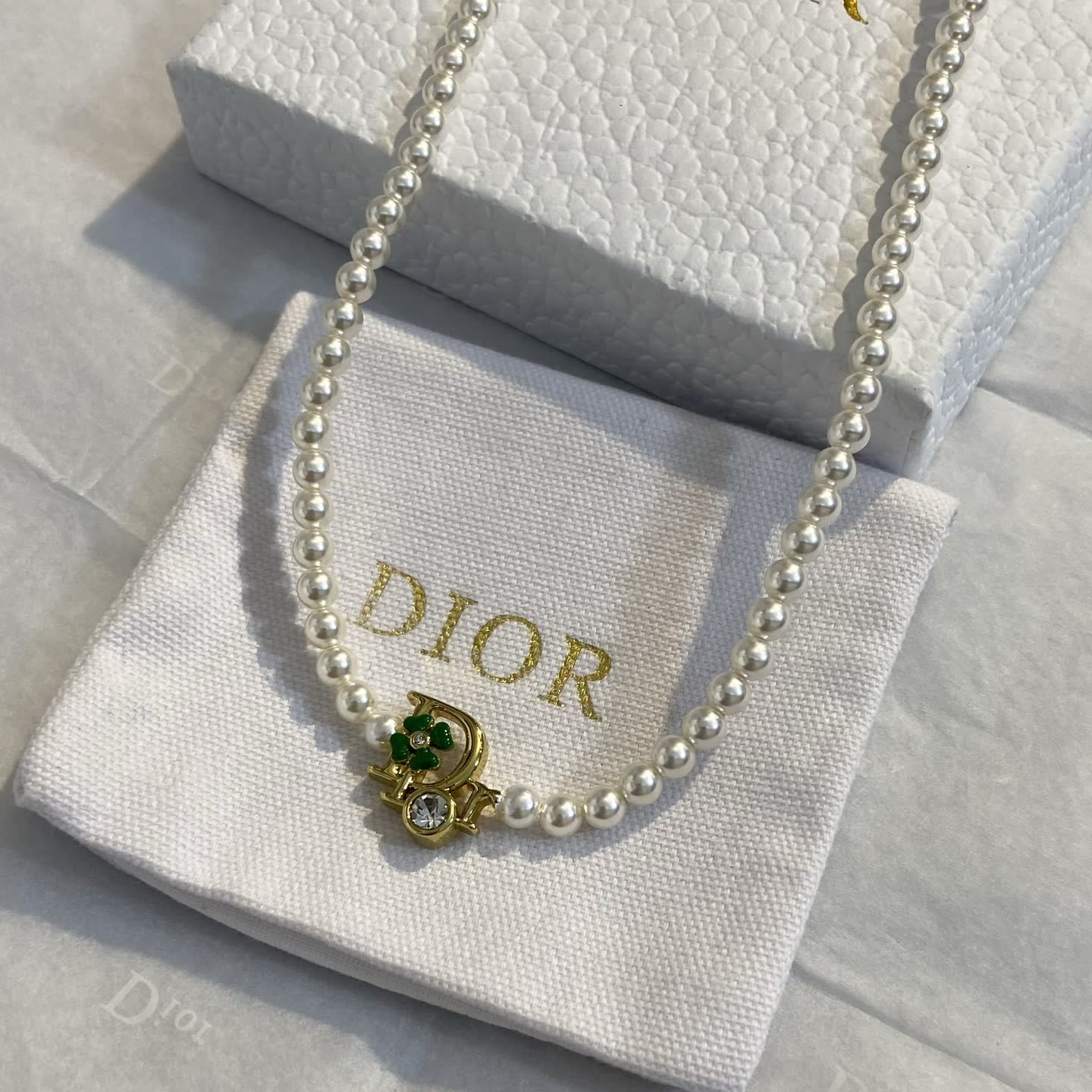 Dior Pearl Necklace with Clover Charm