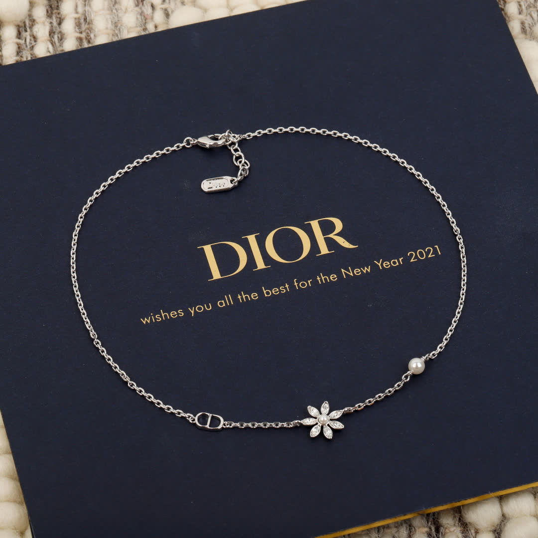 Dior Silver Anklet with Flower and Pearl Design