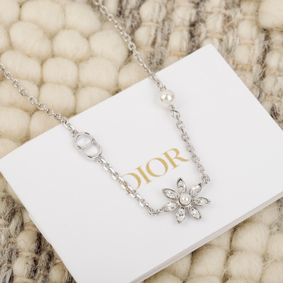 Dior Silver Anklet with Flower and Pearl Design