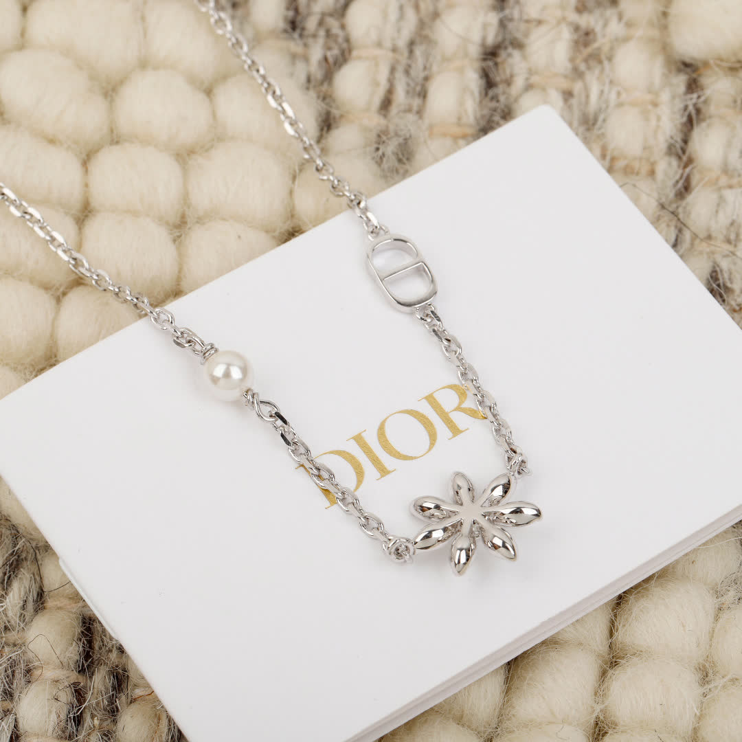 Dior Silver Anklet with Flower and Pearl Design