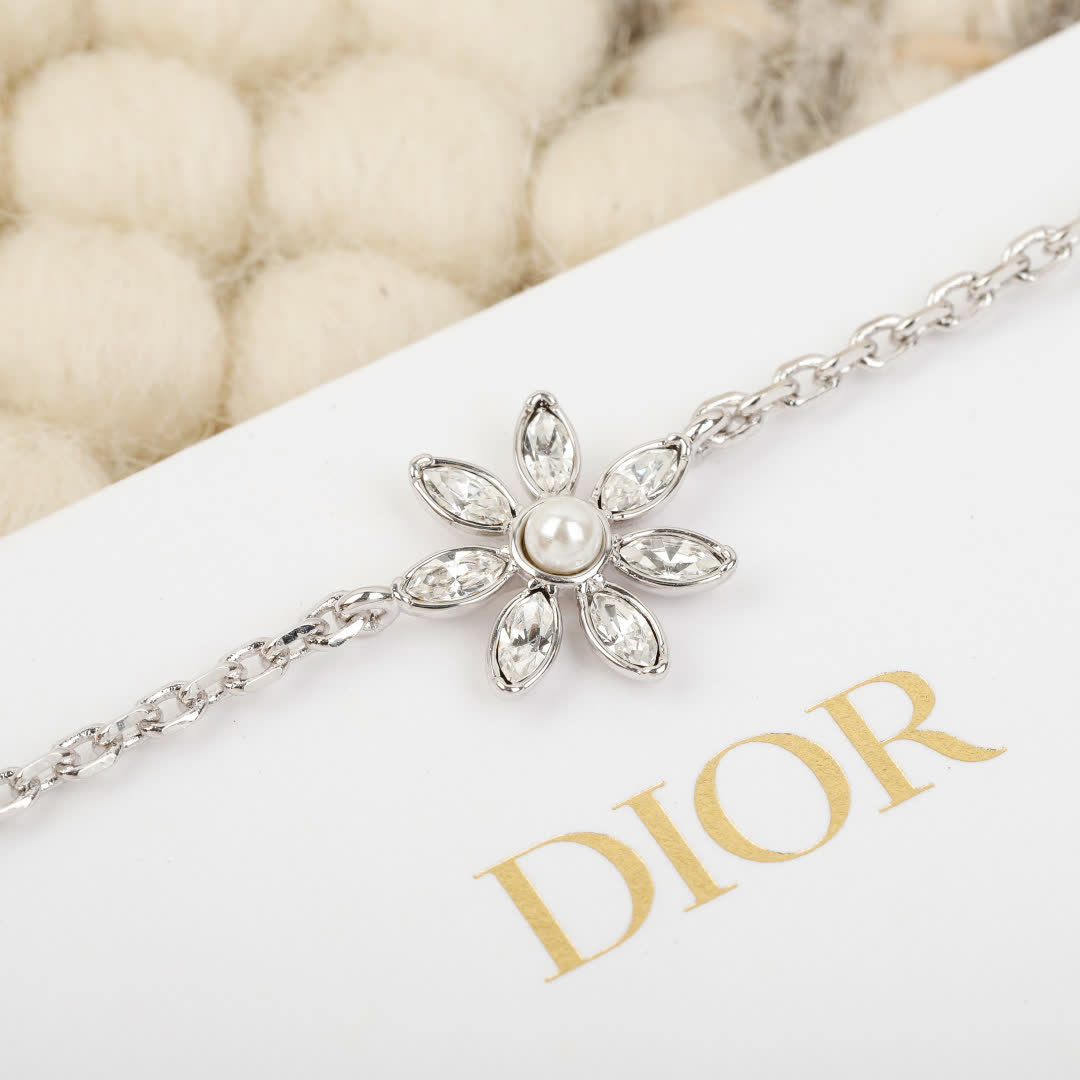 Dior Silver Anklet with Flower and Pearl Design