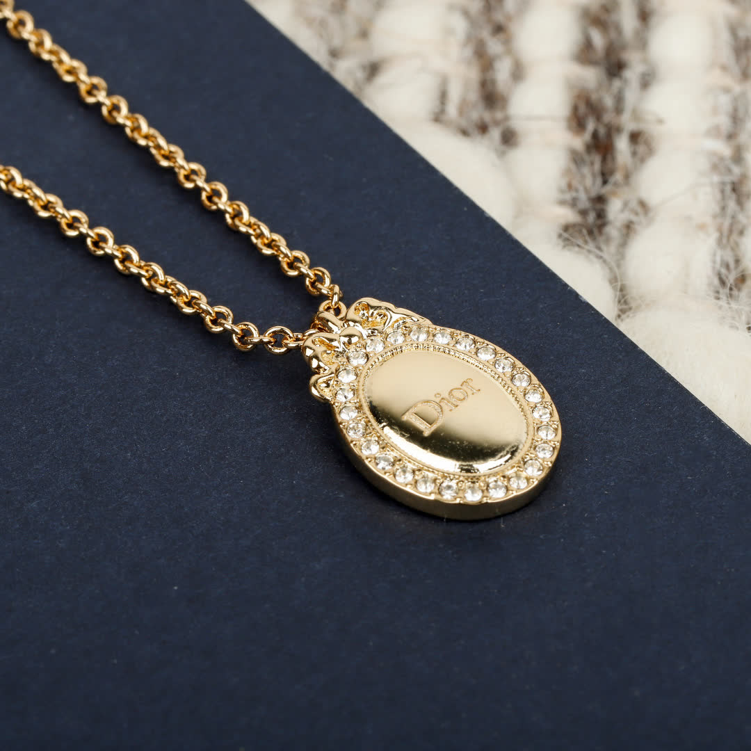 Dior Gold Chain Necklace with Logo Pendant