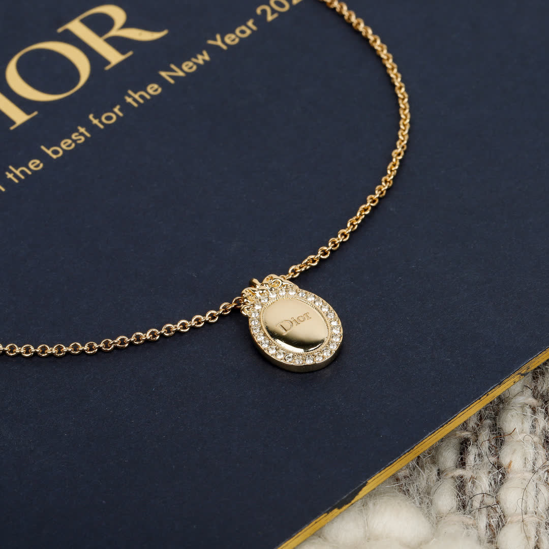 Dior Gold Chain Necklace with Logo Pendant