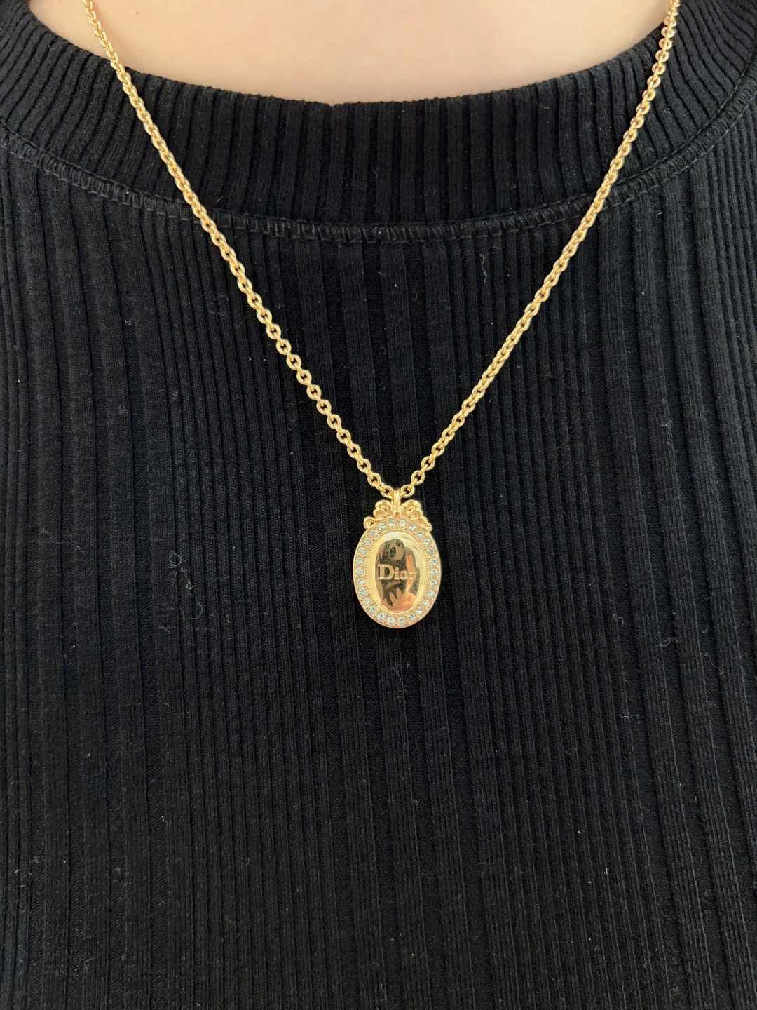 Dior Gold Chain Necklace with Logo Pendant