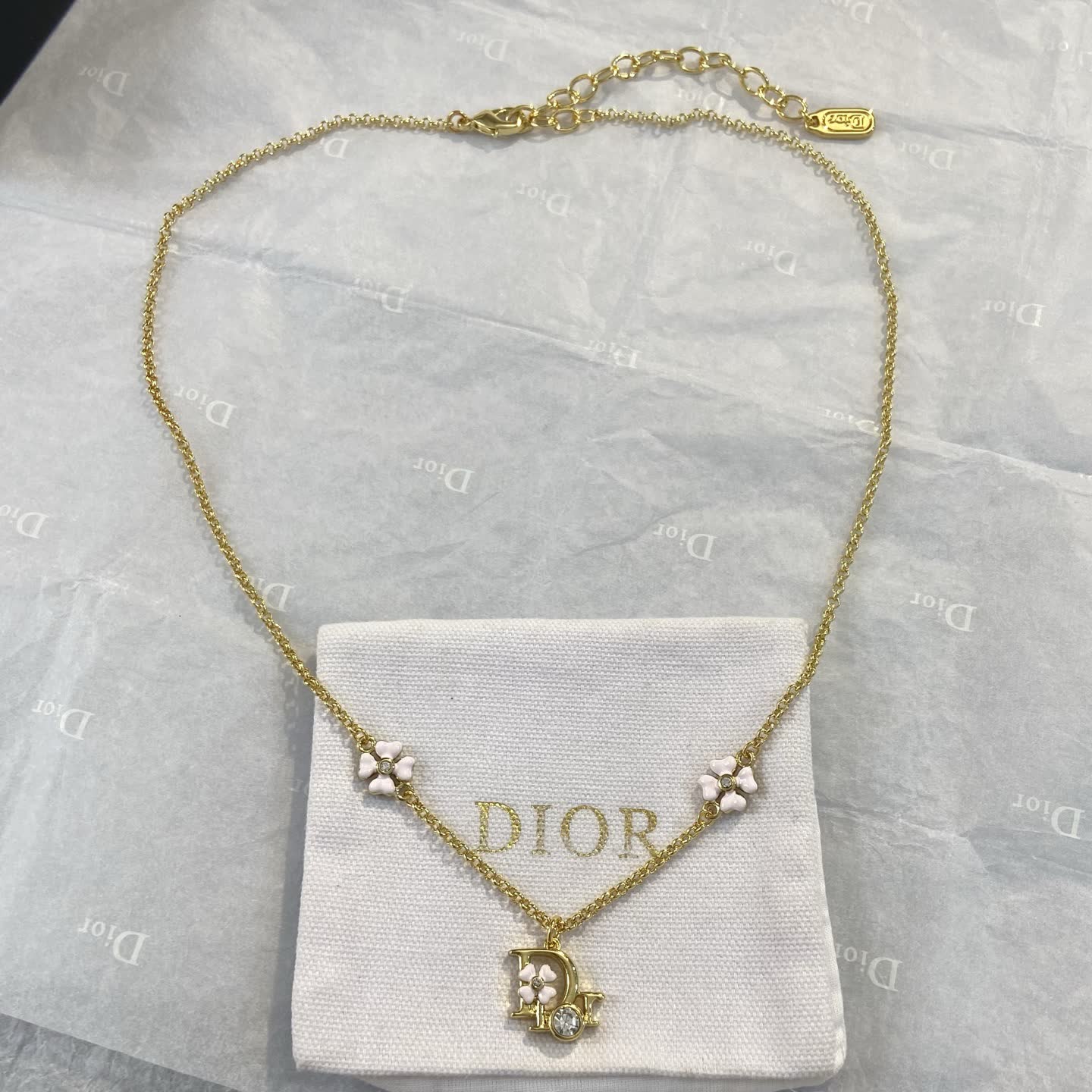 Dior Gold Tone Crystal Flower Necklace