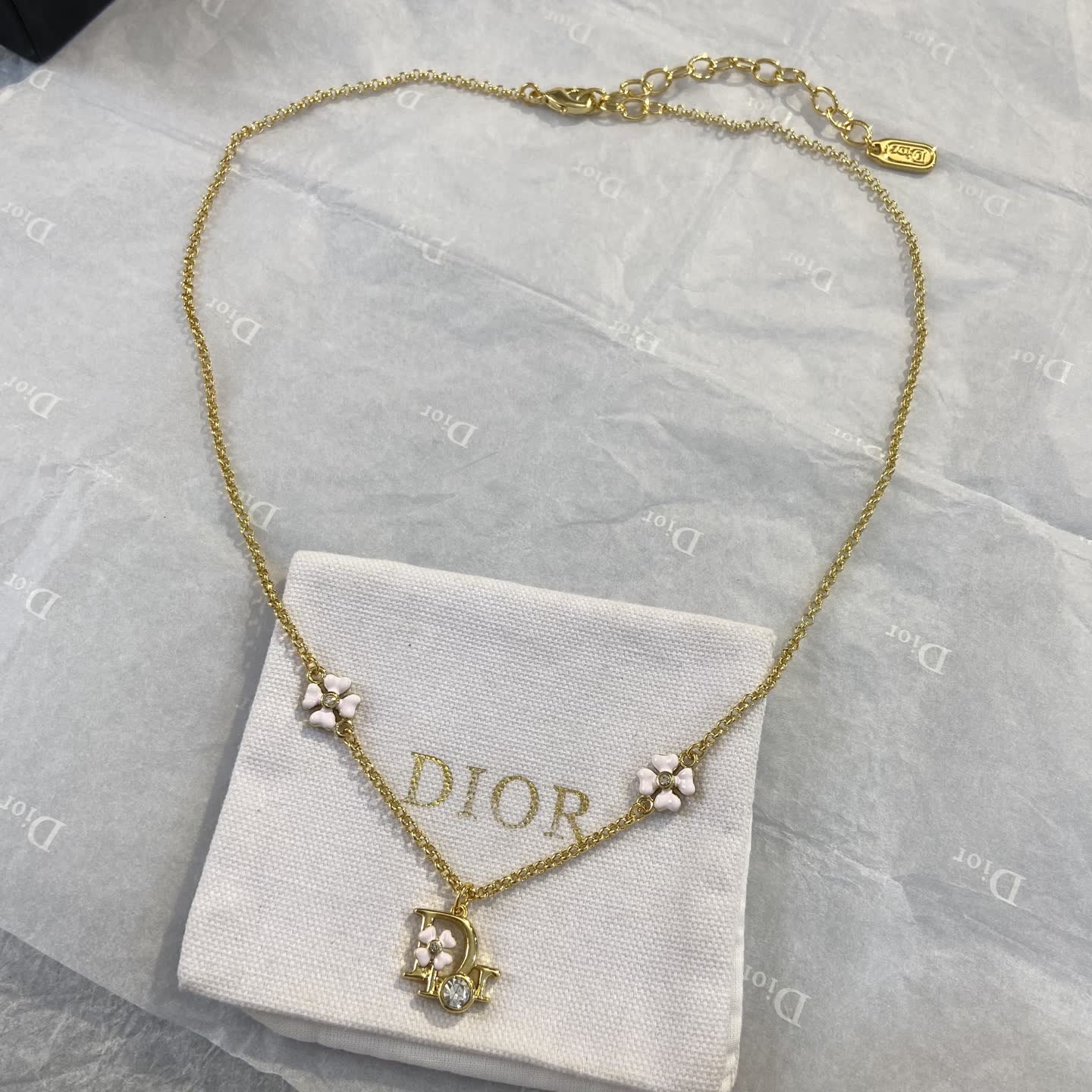 Dior Gold Tone Crystal Flower Necklace
