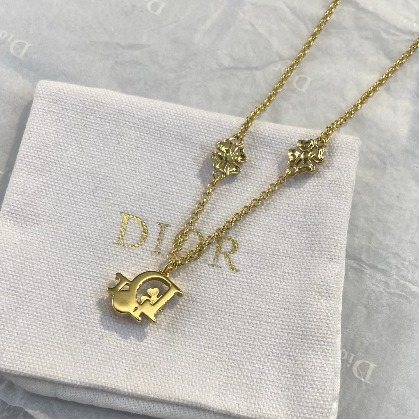 Dior Gold Tone Crystal Flower Necklace