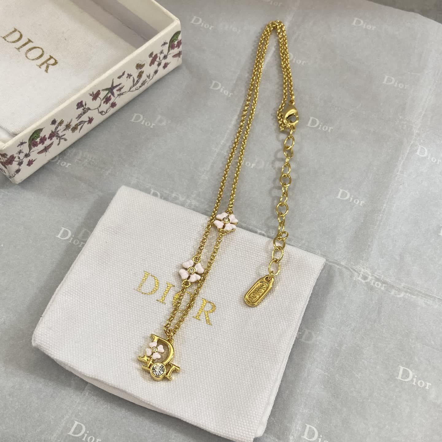 Dior Gold-Plated Necklace with Enamel Flowers and Crystal Dior Gold-Plated Necklace with Enamel Flowers and Crystal