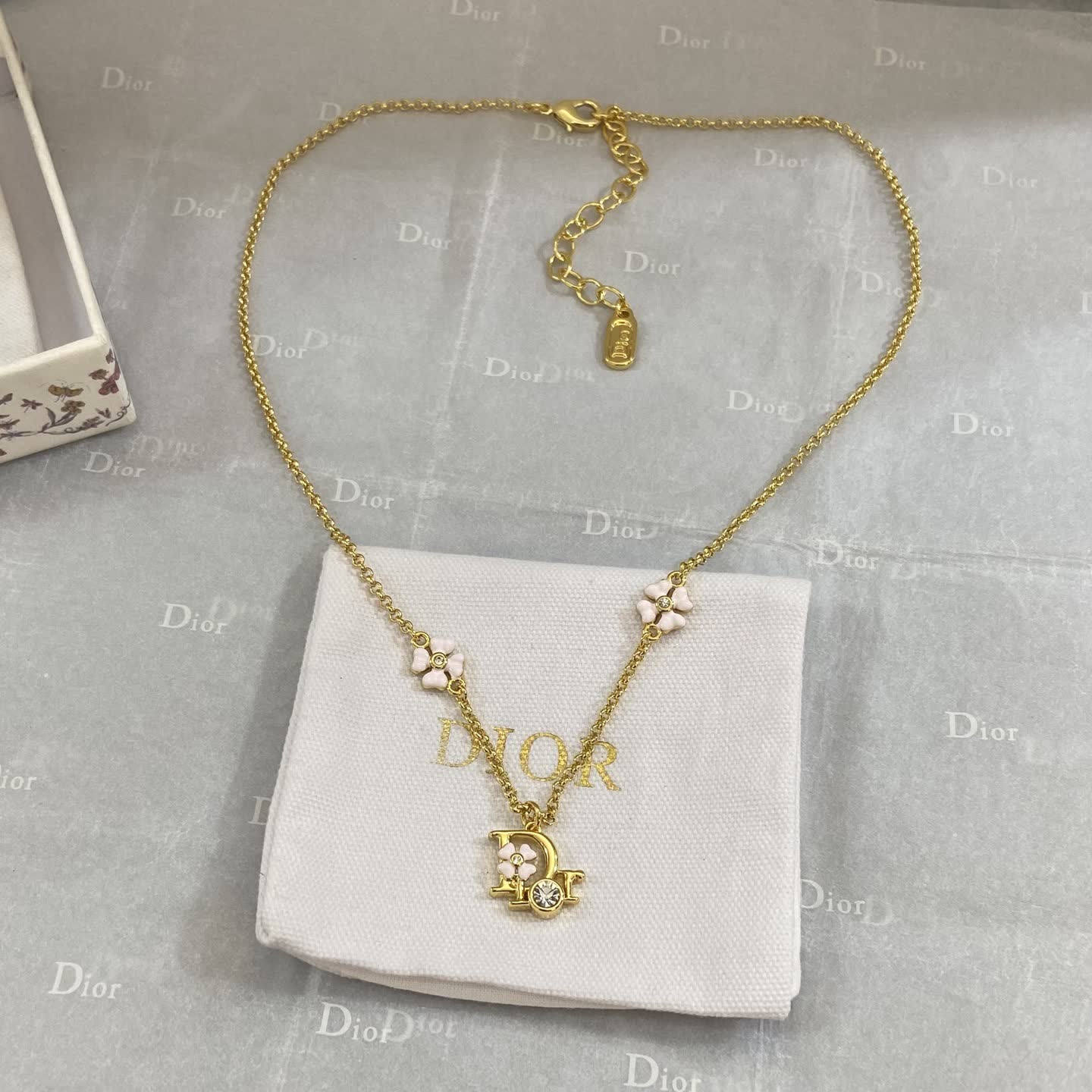 Dior Gold-Plated Necklace with Enamel Flowers and Crystal