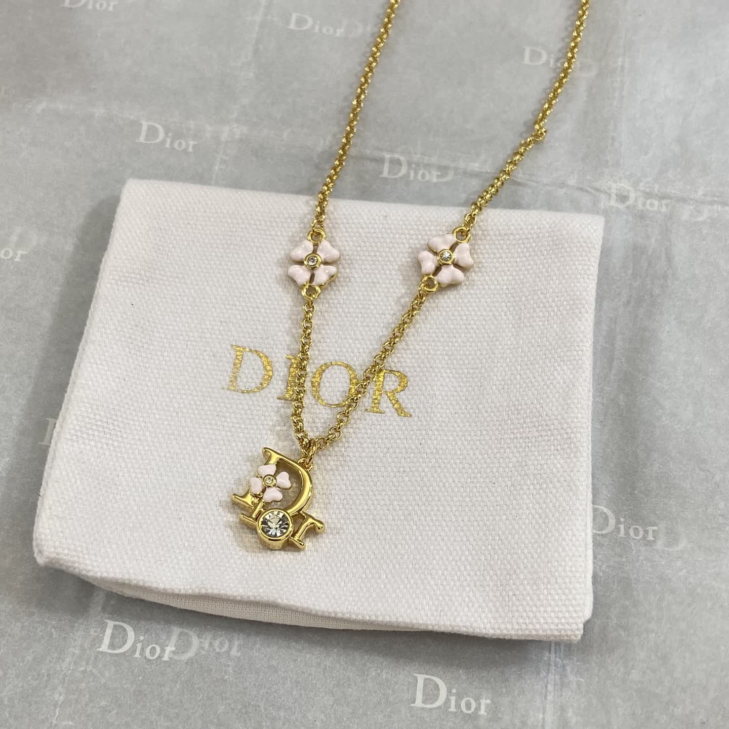 Dior Gold-Plated Necklace with Enamel Flowers and Crystal