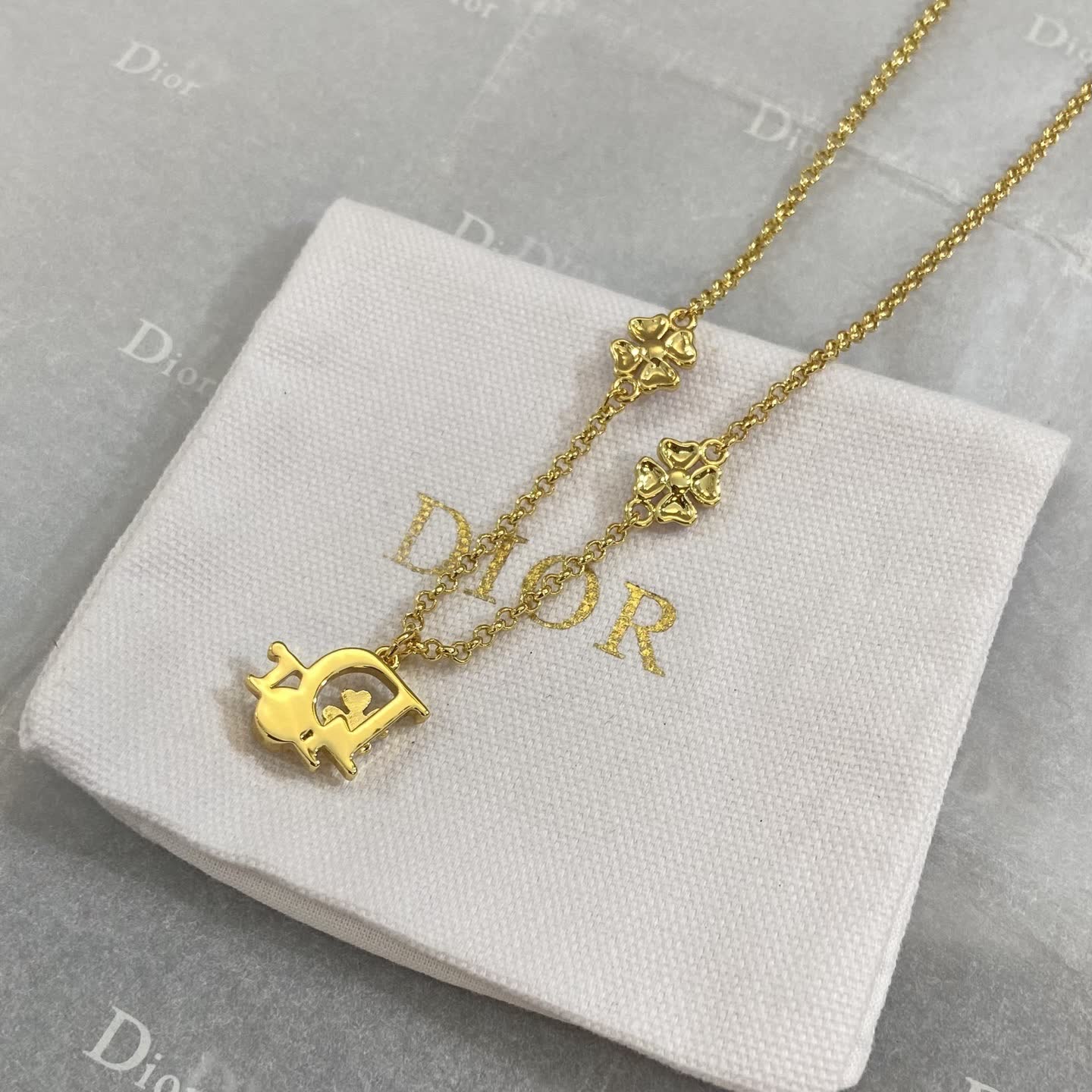 Dior Gold-Plated Necklace with Enamel Flowers and Crystal