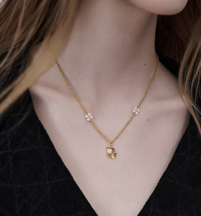 Dior Gold-Plated Necklace with Enamel Flowers and Crystal