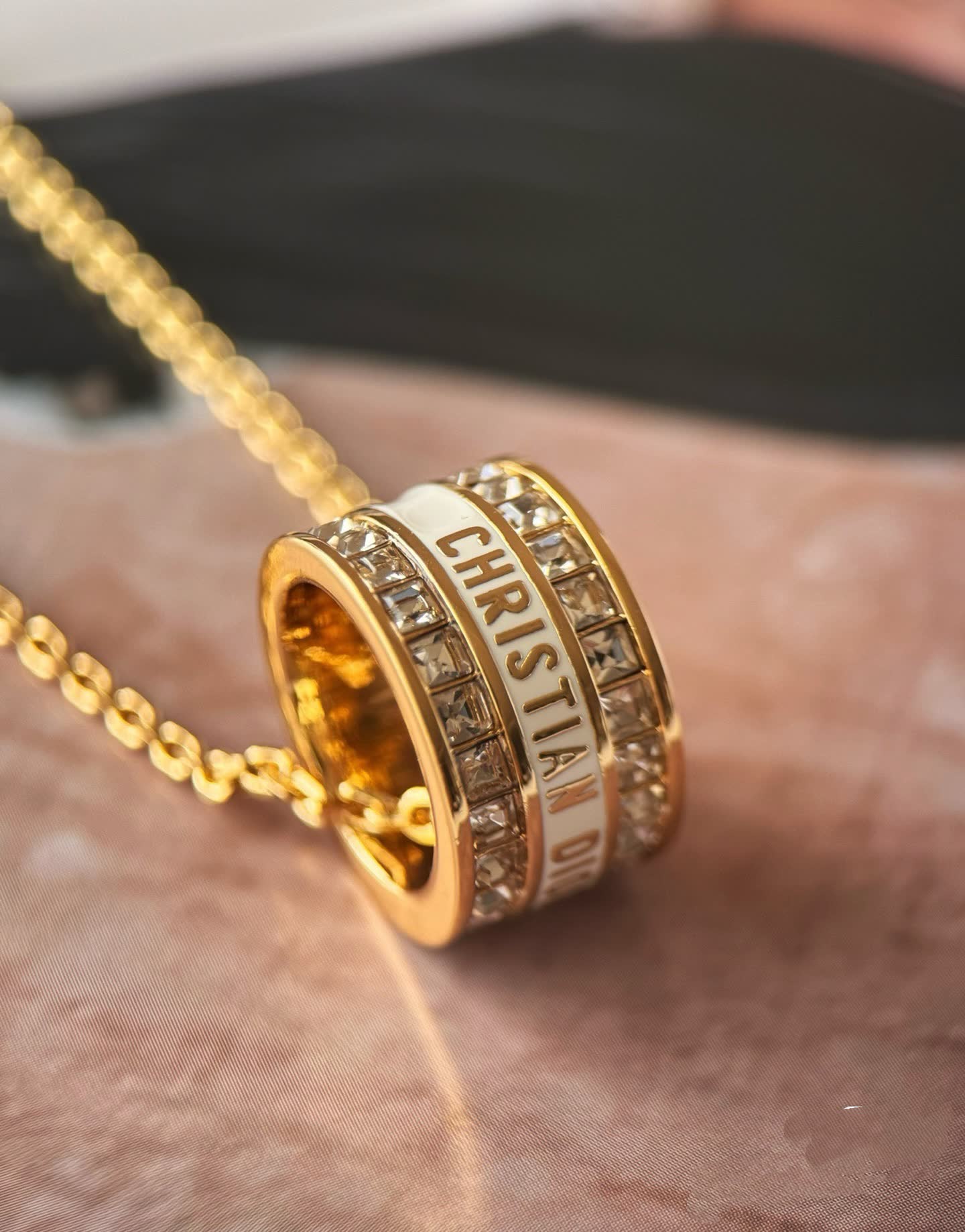 Christian Dior Gold Tone Crystal Ring Pendant Necklace Christian Dior Gold Tone Crystal Ring Pendant Necklace