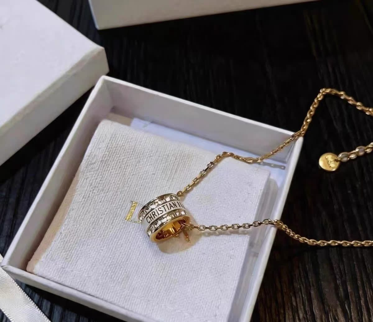 Christian Dior Gold Tone Crystal Ring Pendant Necklace
