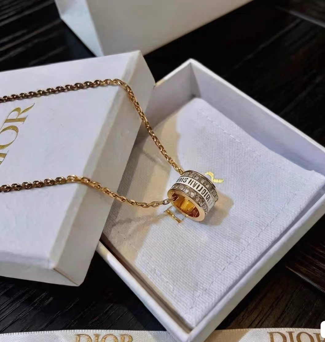 Christian Dior Gold Tone Crystal Ring Pendant Necklace