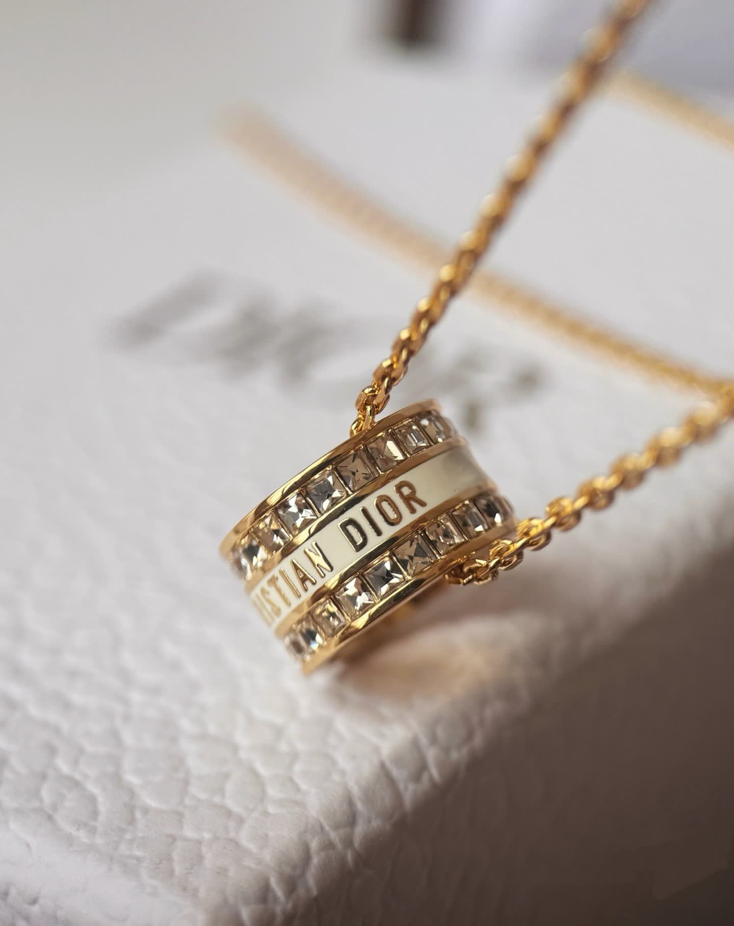 Christian Dior Gold Tone Crystal Ring Pendant Necklace