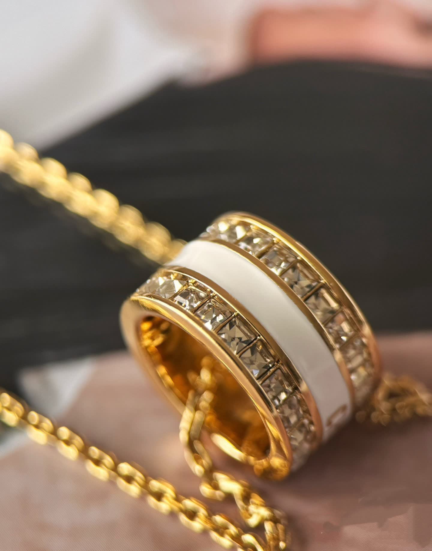 Christian Dior Gold Tone Crystal Ring Pendant Necklace