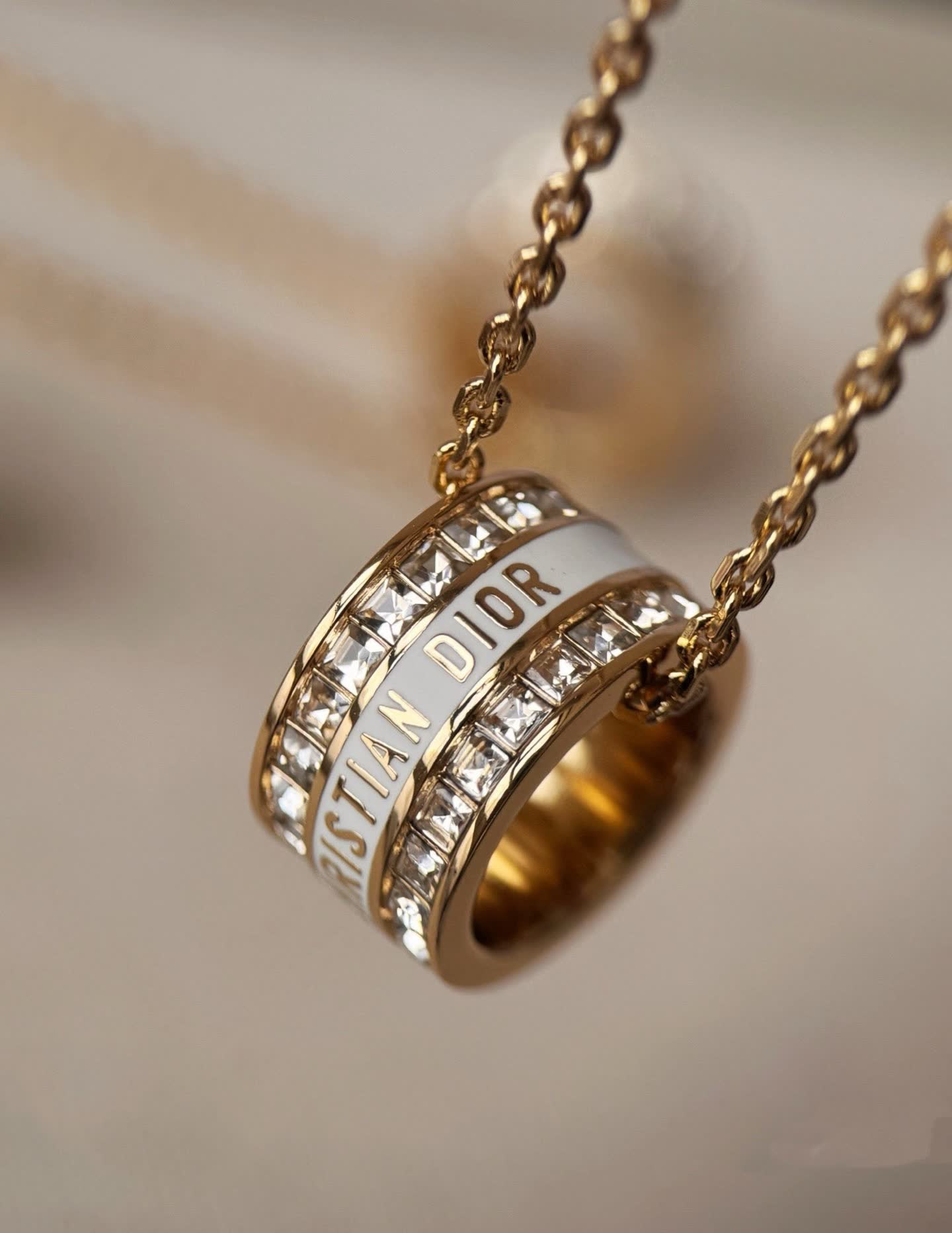 Christian Dior Gold Tone Crystal Ring Pendant Necklace