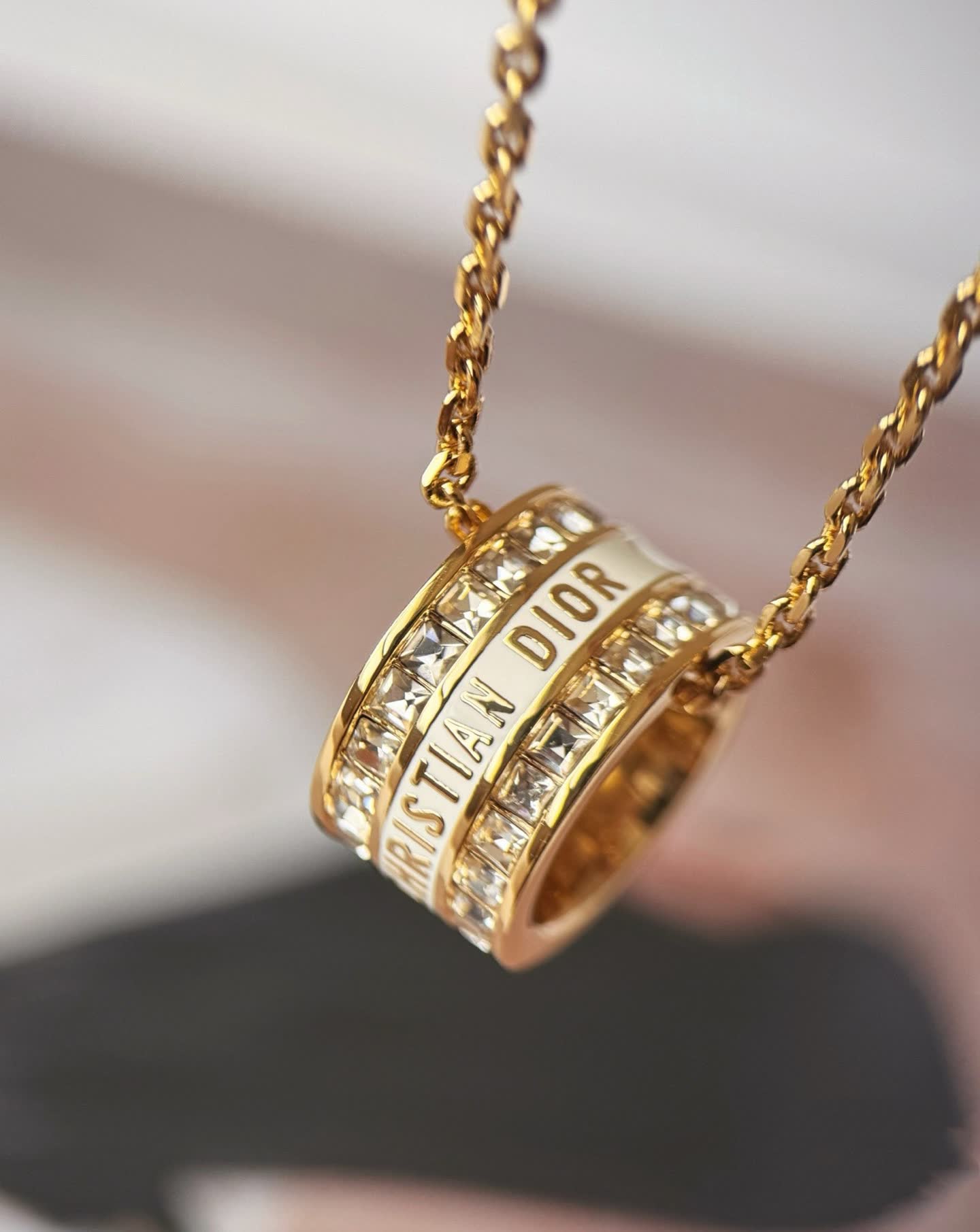 Christian Dior Gold Tone Crystal Ring Pendant Necklace