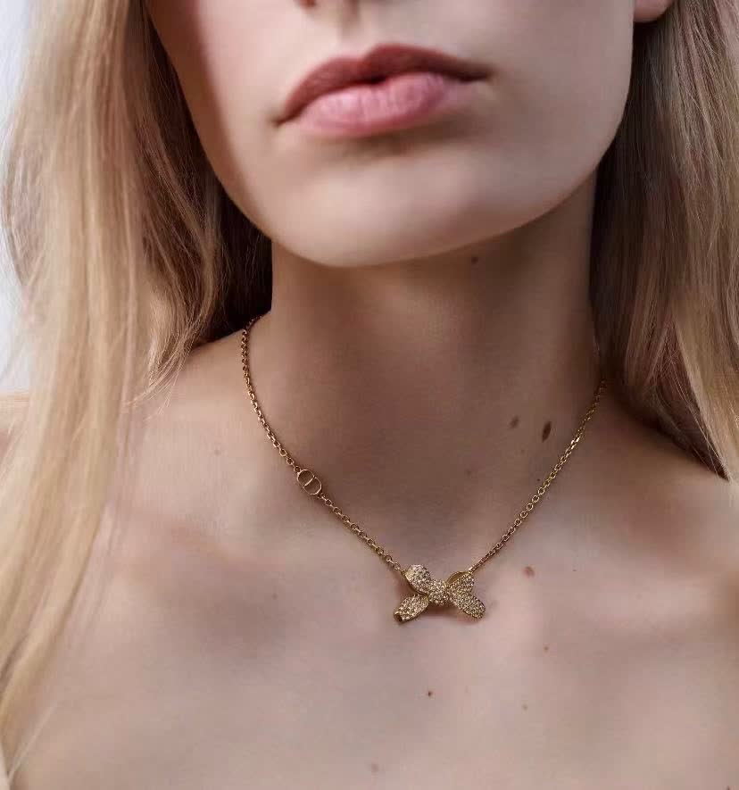 Dior Gold-Tone Crystal Bow Necklace