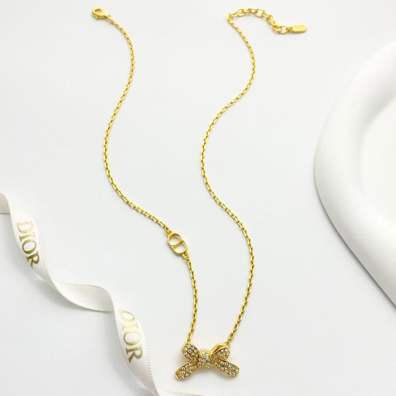 Dior Gold-Tone Crystal Bow Necklace