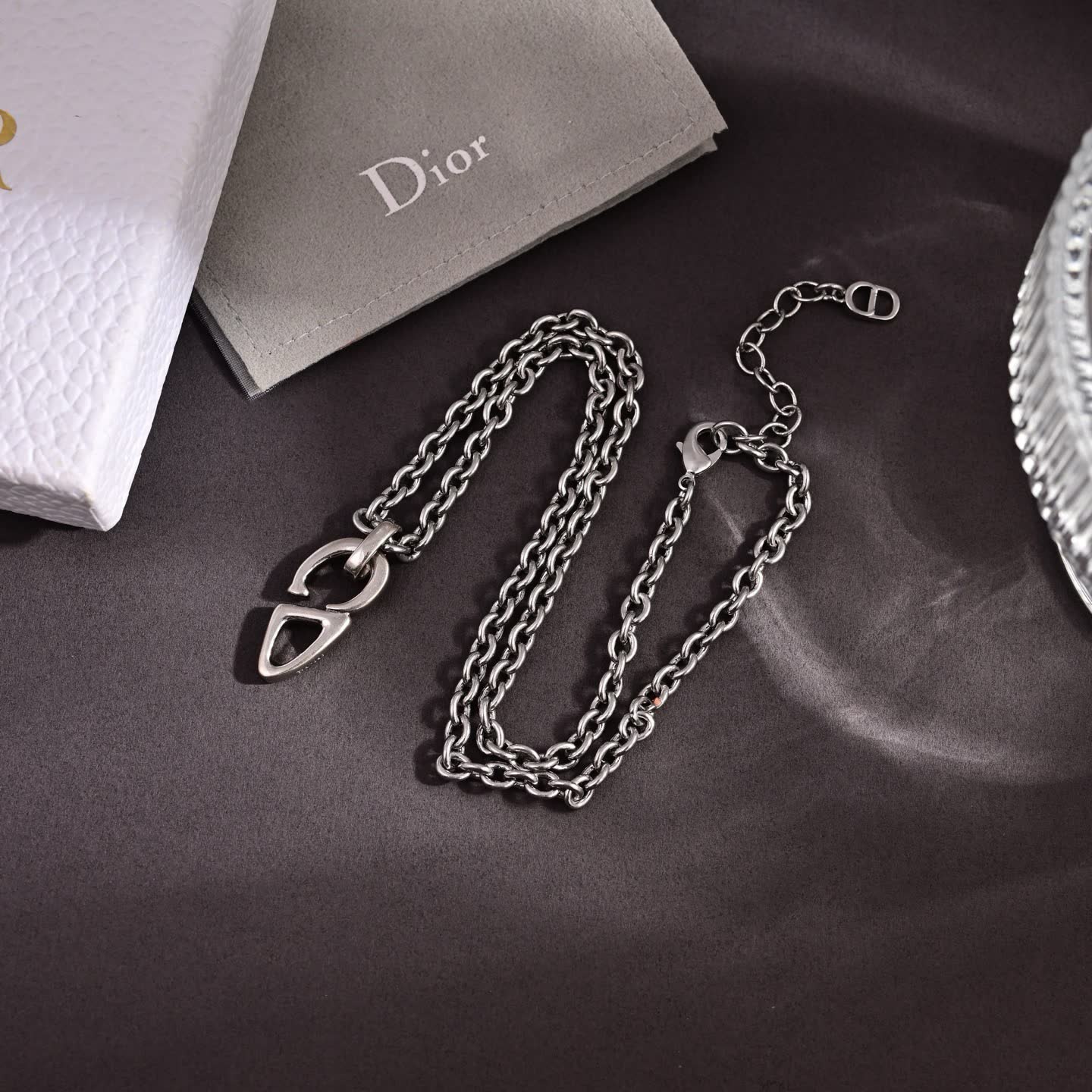 Dior/Christian Dior Men's Silver Tone Yellow Gold Plated CD Logo Pendant Necklace 2025 Spring New