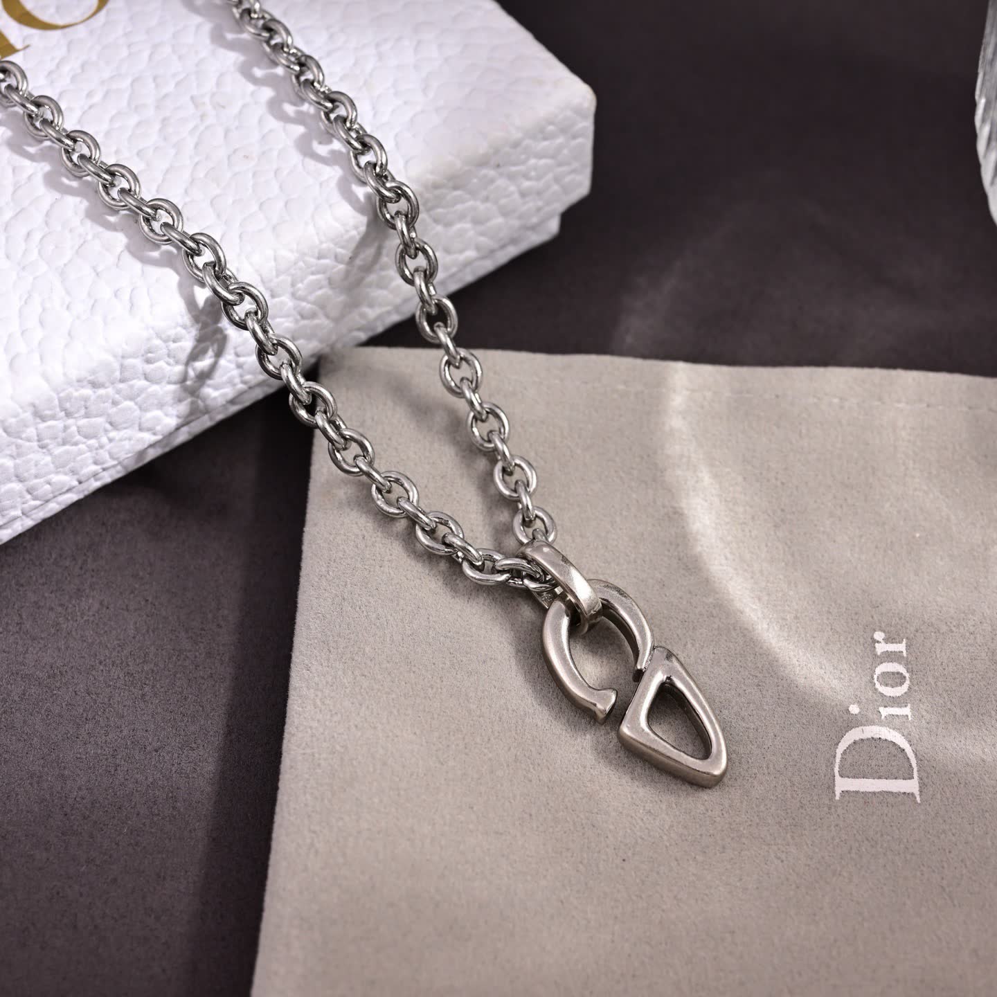 Dior/Christian Dior Men's Silver Tone Yellow Gold Plated CD Logo Pendant Necklace 2025 Spring New