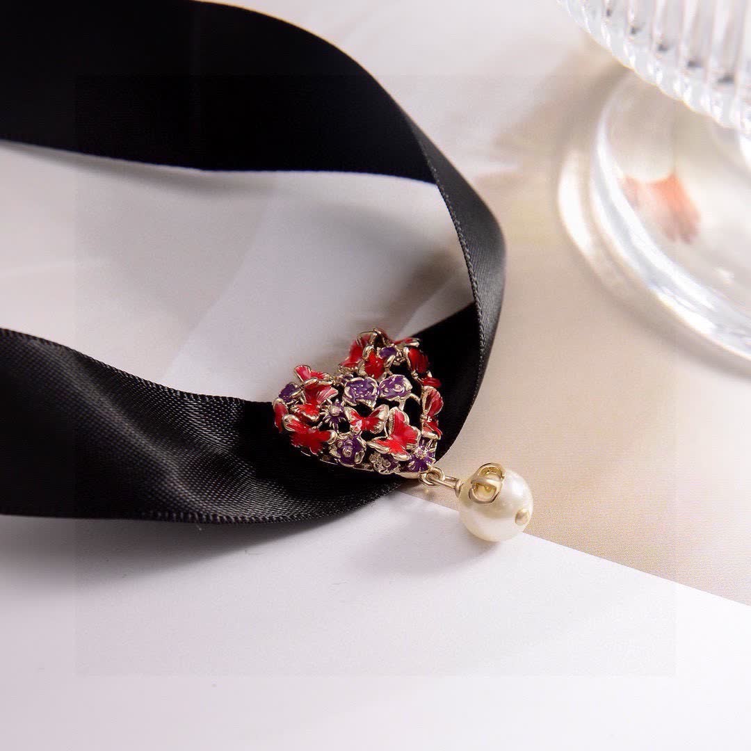 Dior Papillons Black Silk Choker with Red Crystal and Pearl Tassel