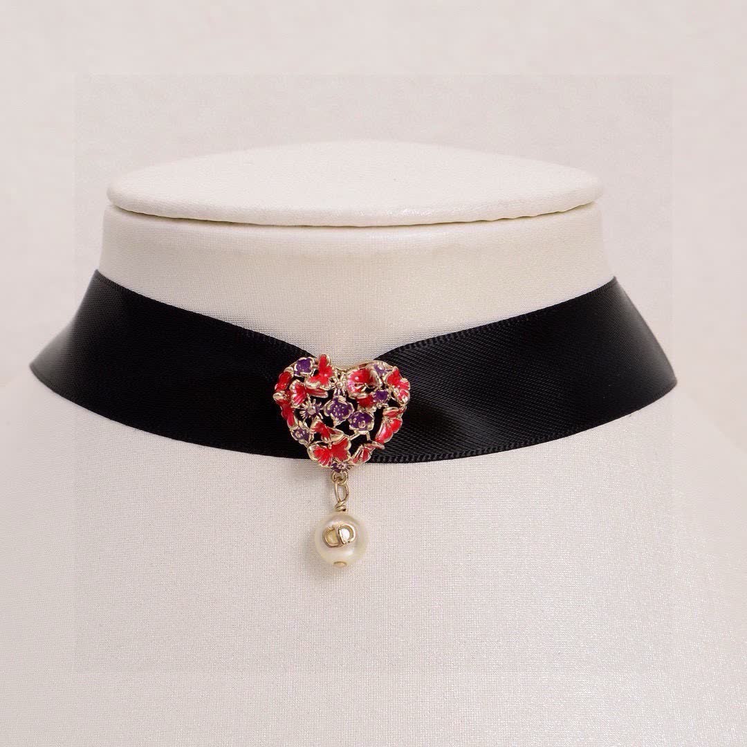 Dior Papillons Black Silk Choker with Red Crystal and Pearl Tassel