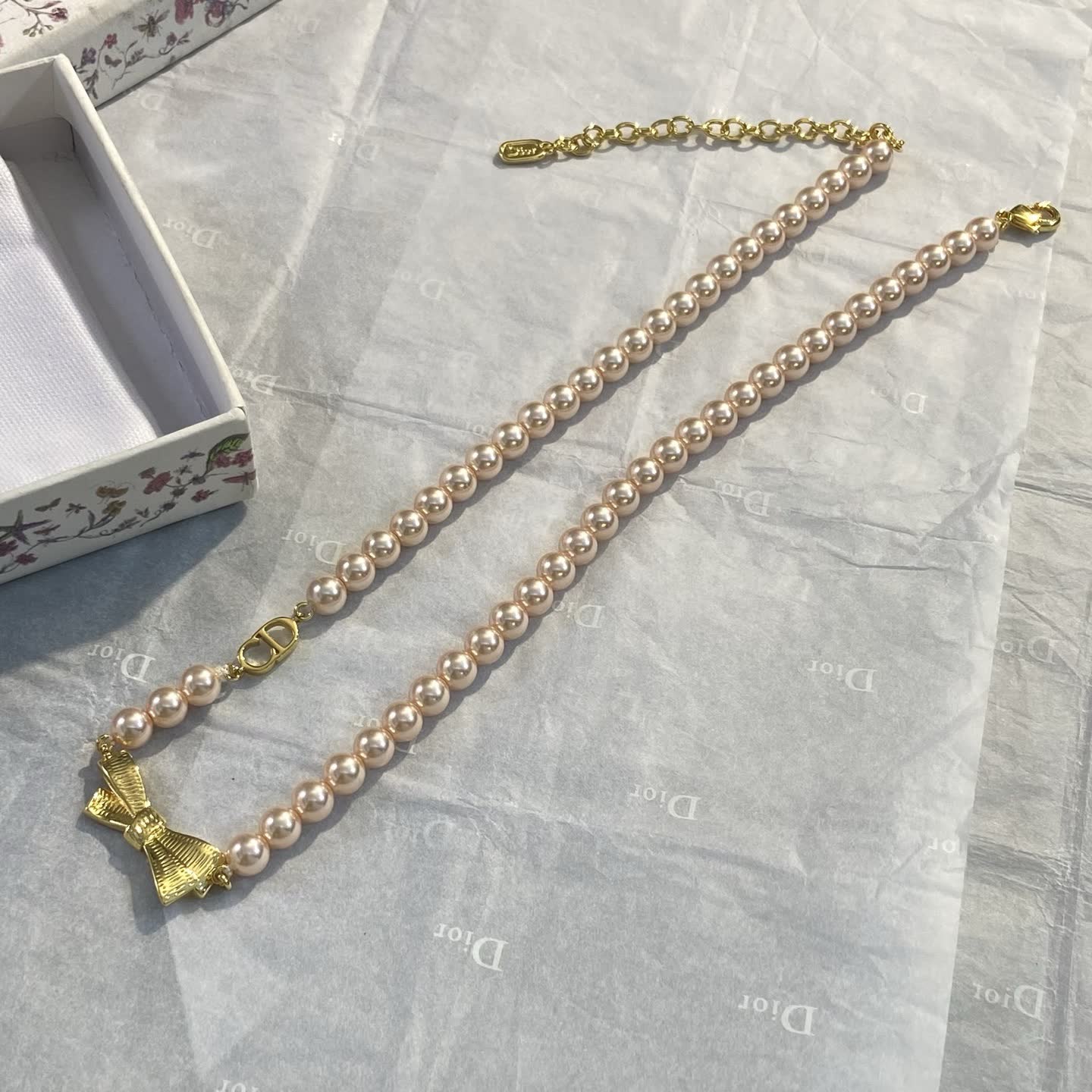 Dior Pearl Necklace with Gold Bow Clasp