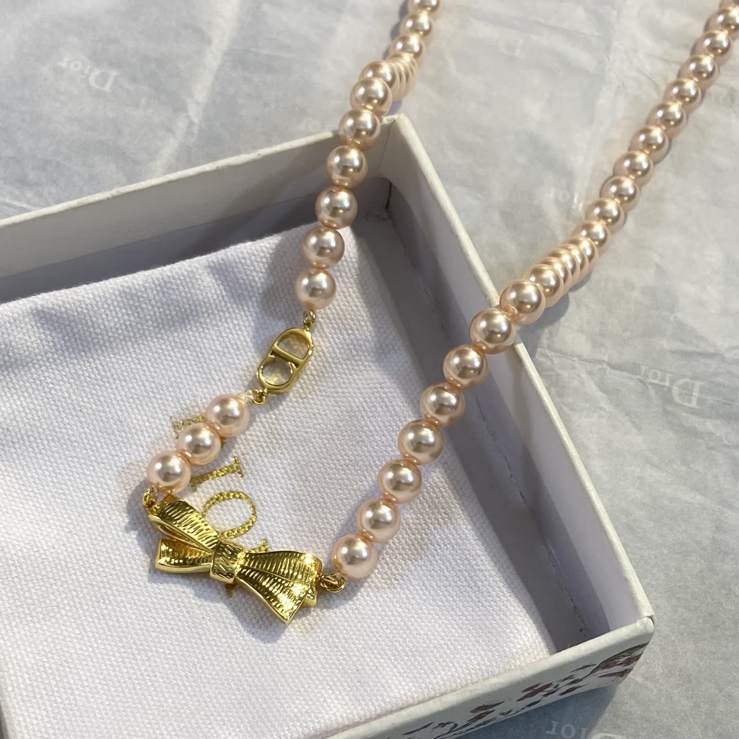 Dior Pearl Necklace with Gold Bow Clasp