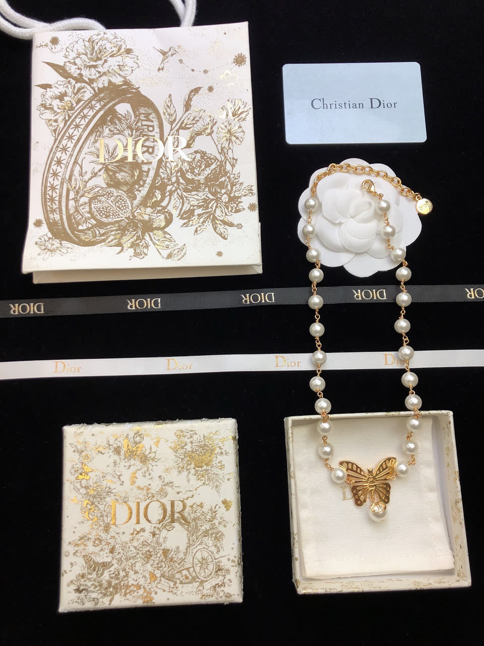 Dior Butterfly and Pearl Double Layer Necklace