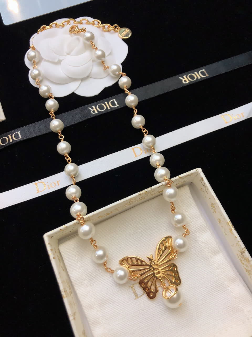 Dior Butterfly and Pearl Double Layer Necklace