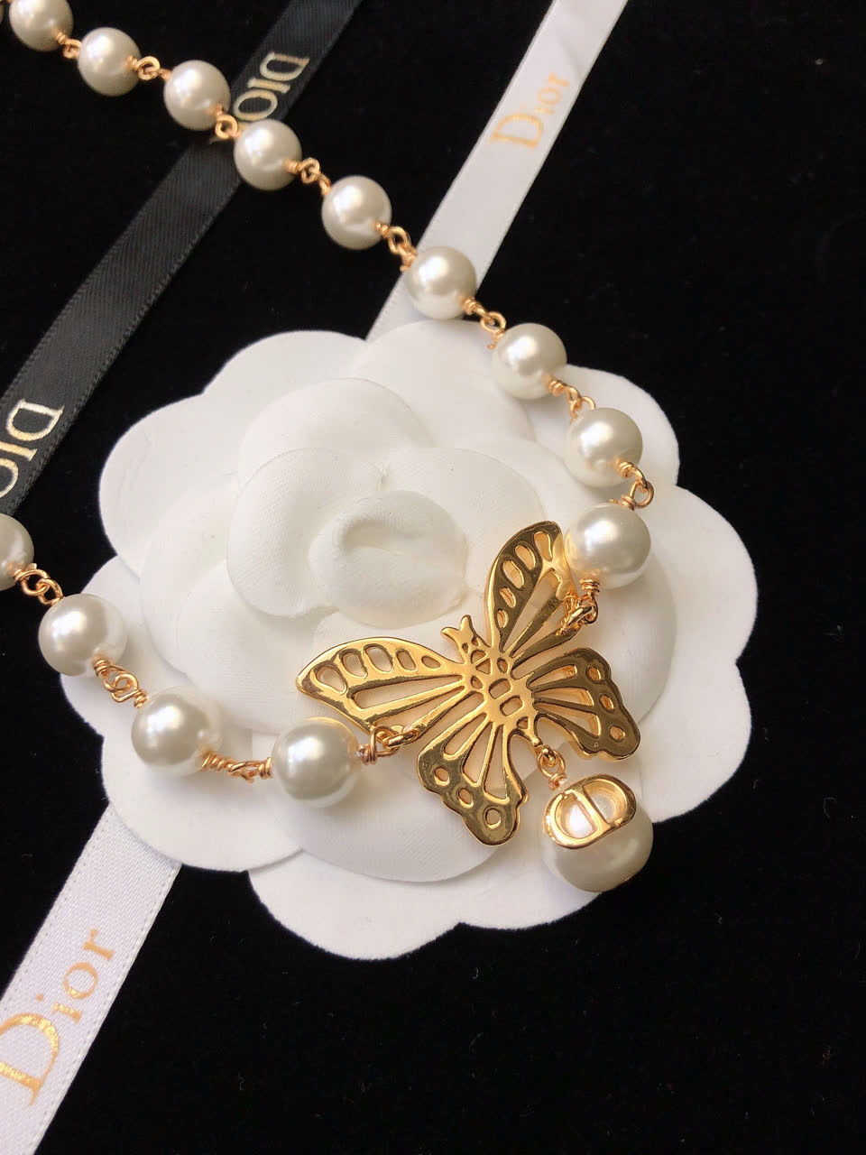 Dior Butterfly and Pearl Double Layer Necklace