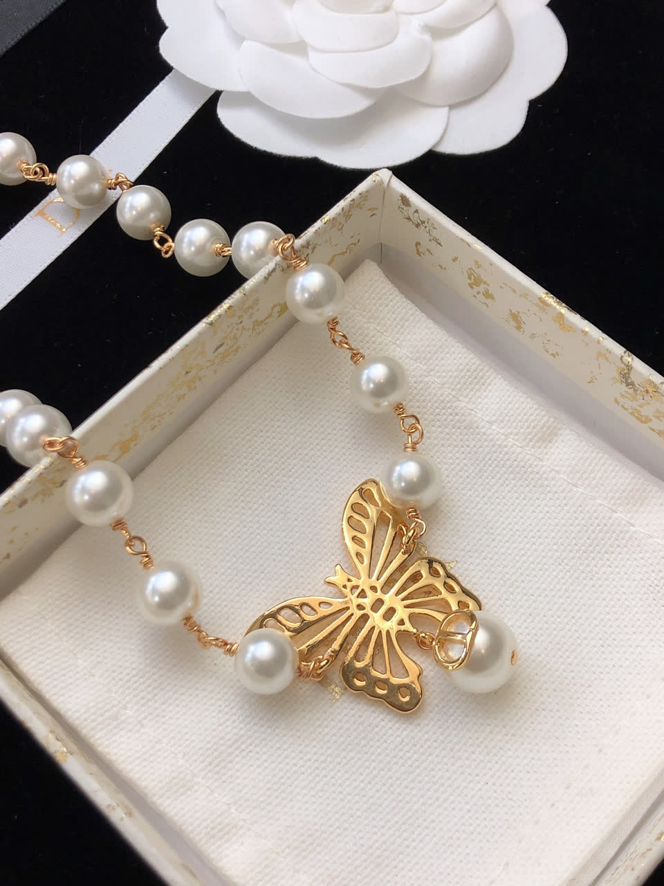 Dior Butterfly and Pearl Double Layer Necklace
