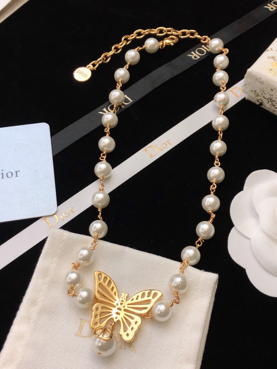 Dior Butterfly and Pearl Double Layer Necklace