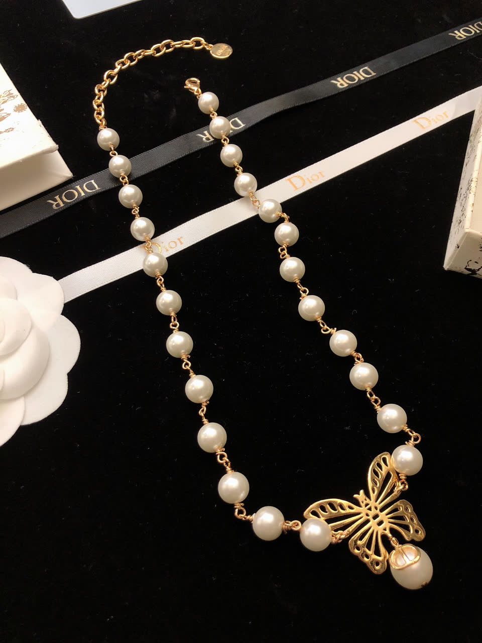 Dior Butterfly and Pearl Double Layer Necklace